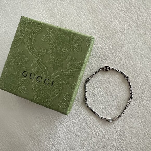 NEW GUCCI Sterling Silver Enamel Thin Interlocking G Bracelet Black - Picture 5 of 8